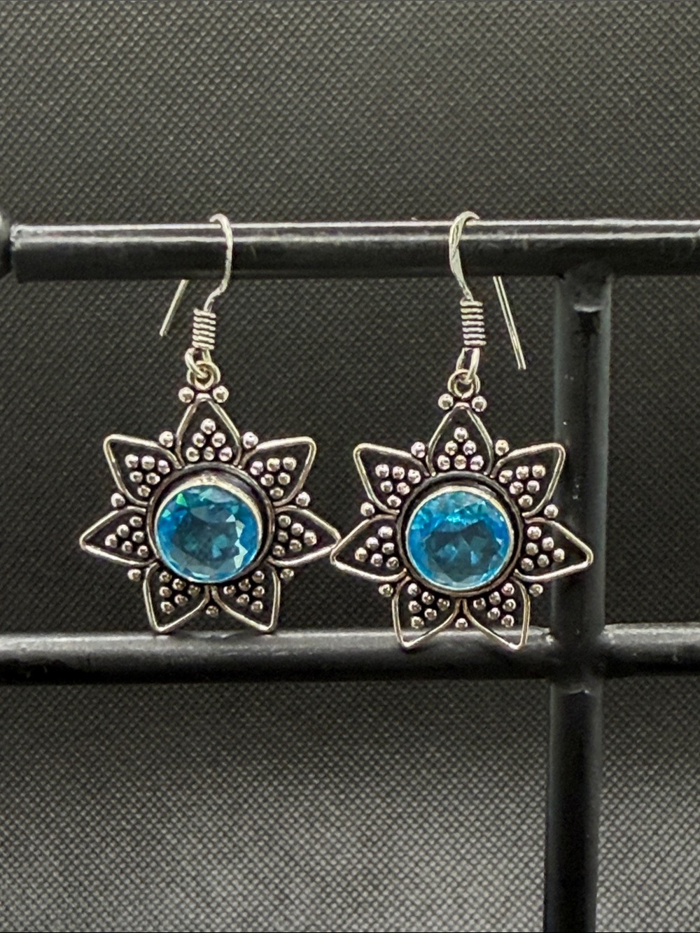 Sterling Silver Flower Drop Earrings with Blue Topaz Gemstone 1.6”